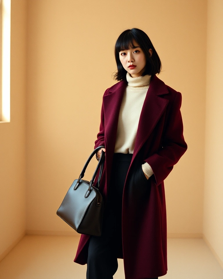 AI-generated editorial portrait of a Japanese virtual model in a coat