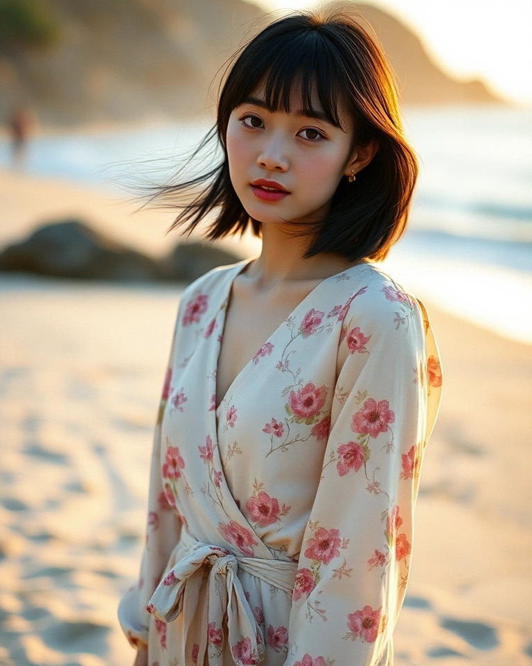 AI-generated editorial portrait of a Japanese virtual model in a floral dress by the sea